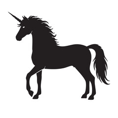Fototapeta premium Black stallion vector silhouette illustration of a running wild mustang with a flowing mane and tail isolated on white for equestrian art