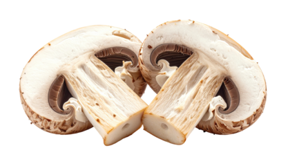 Two sliced button mushrooms, close-up,  showing  the  cap and stem.  Natural light.  White background