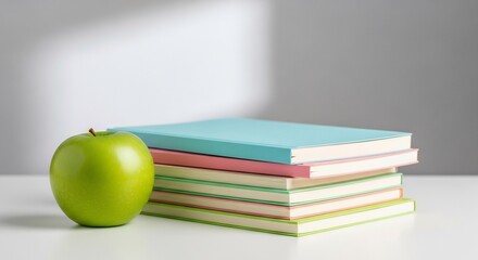 Stacked Pastel Notebooks with Green Apple on White Surface, Education Still Life