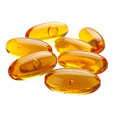Several translucent, amber-colored, oval-shaped softgel capsules are piled loosely on a dark background