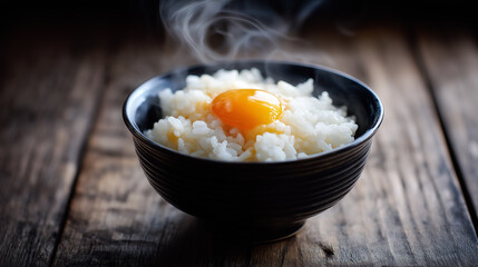 炊きたての白ご飯に生卵の黄身をのせたシンプルな卵かけご飯「生成AI」