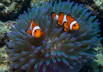 Clownfish swimming among colorful sea anemone tentacles in vibrant coral reef underwater scene