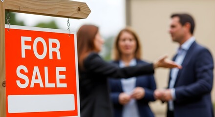 A real estate agent points towards a house for sale, with a couple in the background, ready to buy.