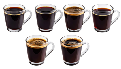 Seven clear glass espresso cups, filled with dark, rich coffee.  