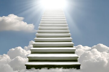 White stairway leading upward to bright light, amongst fluffy clouds and a clear sky