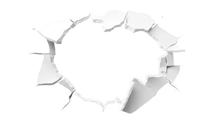 A cracked wall with a jagged hole revealing a white background. symbolizing damage or decay. suitable for concepts of destruction. renovation. or artistic expression