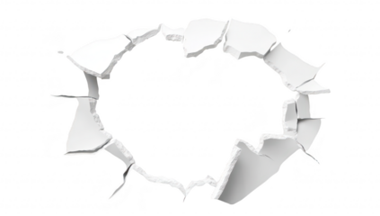 A cracked wall with a jagged hole revealing a white background. symbolizing damage or decay. suitable for concepts of destruction. renovation. or artistic expression