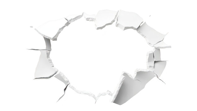 A cracked wall with a jagged hole revealing a white background. symbolizing damage or decay. suitable for concepts of destruction. renovation. or artistic expression