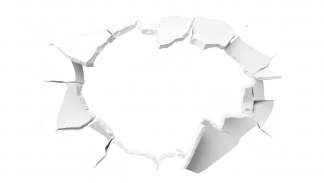 A cracked wall with a jagged hole revealing a white background. symbolizing damage or decay. suitable for concepts of destruction. renovation. or artistic expression