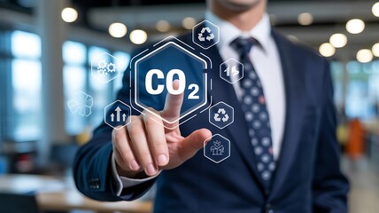 Businessman touching a digital interface displaying co2 emissions and environmental sustainability icons representing carbon footprint reduction and eco friendly business practices