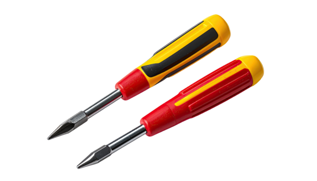 Two screwdrivers, red and yellow handles, angled, isolated on black background