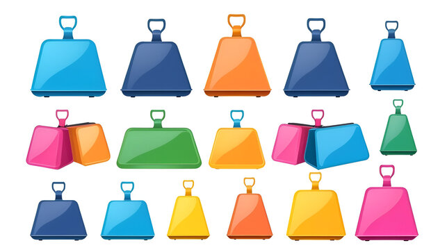 Cowbell icons set. Set of colorful cowbells showing different shapes and sizes, isolated on white background