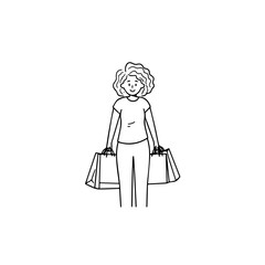 Black and white line art of a beautiful happy woman carrying shopping bags minimalist cheerful illustration