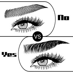 Illustration with woman's eyes, eyelashes and eyebrows. Makeup Look. Tattoo design. Logo for brow bar or lash salon. Wrong and right coloring care. Set of well-groomed and shaggy eyebrows.