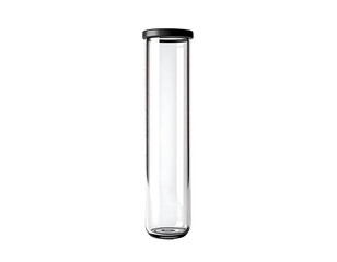 Tall, clear glass cylinder with a black lid, seemingly empty, cylindrical shape, smooth surface, studio lighting