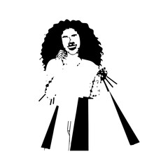 Black and white line art of a beautiful happy woman carrying shopping bags minimalist cheerful illustration