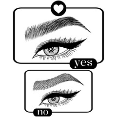 Illustration with woman's eyes, eyelashes and eyebrows. Makeup Look. Tattoo design. Logo for brow bar or lash salon. Wrong and right coloring care. Set of well-groomed and shaggy eyebrows.