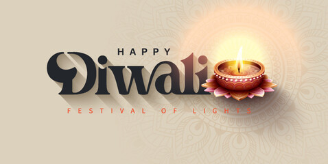 Happy Diwali festival with oil lamp, Rangoli decoration with Diya, Diwali holiday Background with rangoli, Diwali celebration greeting card,vector.