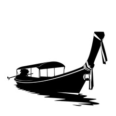 Fototapeta premium Black silhouette of a traditional thai longtail boat with a canopy and a bridge in the background isolated on transparent background
