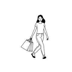 Black and white line art of a beautiful happy woman carrying shopping bags minimalist cheerful illustration