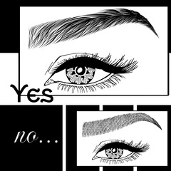 Illustration with woman's eyes, eyelashes and eyebrows. Makeup Look. Tattoo design. Logo for brow bar or lash salon. Wrong and right coloring care. Set of well-groomed and shaggy eyebrows.