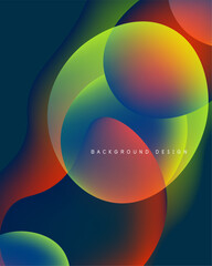 Abstract colorful shapes overlap, creating vibrant fluid design. Gradient hues blend seamlessly, forming dynamic composition.