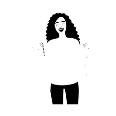 Black and white line art of a beautiful happy woman carrying shopping bags minimalist cheerful illustration