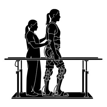 Silhouette of a person walking with physical therapy assistance on parallel bars isolated on transparent background