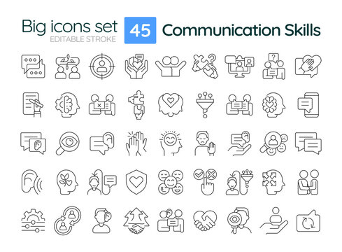 Communication skills line icons set. Body language. Partnership, relationships. Emotional connection. Isolated vector outline illustrations. Thin lineart iconset symbols. Editable stroke