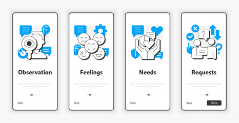 Nonviolent communication mobile onboarding screen. Social networking. Critical thinking. UX UI illustration. Flat outline style icons with blue accent. Informa Pro Bold, Montserrat Light fonts used
