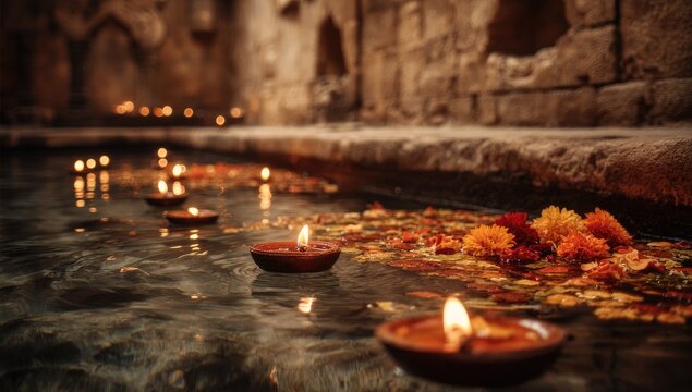 Small clay candles float on water,  among petals, in a stone channel