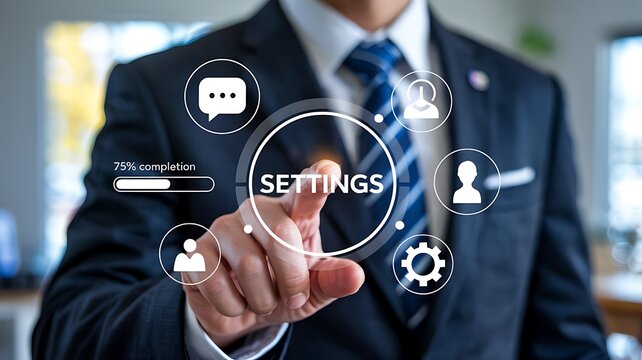 Businessman s finger touching a digital interface with the word settings surrounded by technology icons representing communication and user profiles