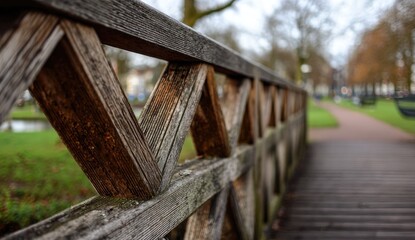 Obraz premium Wooden bridge railing, weathered and intricate