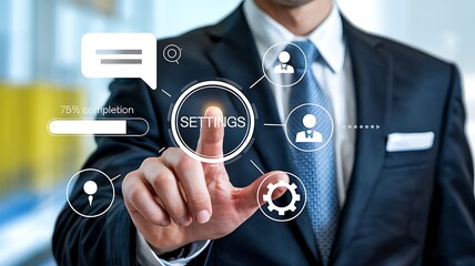 Businessman s finger touching a glowing digital interface with settings and user icons representing technology and business solutions