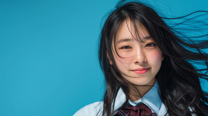 青空を背景に風に髪をなびかせる笑顔の女子高生「生成AI」