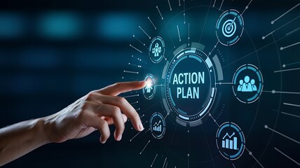 Close up of a human finger touching a digital interface displaying the words action plan with surrounding icons representing business goals and strategy