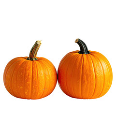 Obraz premium Two small pumpkins, vibrant orange, facing front, against a black background. Close-up, natural light