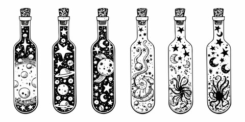 Collection of six whimsical black and white bottles filled with cosmic celestial elements and fantastical creatures