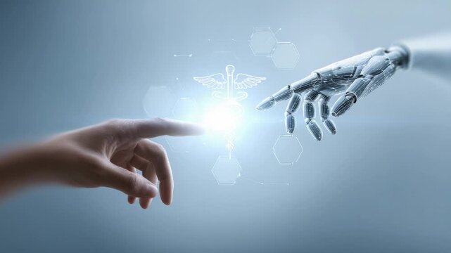 Robotic and human hands nearly touching, with glowing caduceus symbolizing artificial intelligence and healthcare convergence