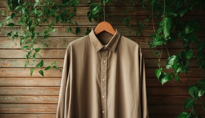 A light taupe button-down shirt hangs on a wooden hanger against a wooden wall, surrounded by greenery