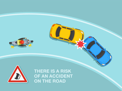 Fototapeta Safe car driving rules and tips. European "danger of accident" sign area. Top view of a car collision on a curvy road. Motorcycle approaching the accident zone. Flat vector illustration template.