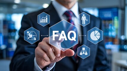 Businessman touches a transparent screen displaying the faq acronym surrounded by business icons representing data analysis and customer service