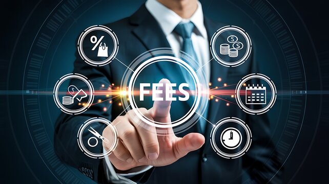 Businessman s finger touching a digital interface displaying the word fees surrounded by icons representing financial concepts and services