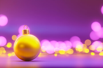 Fototapeta premium A golden Christmas ornament sits on a reflective surface, surrounded by purple and yellow bokeh lights for a magical festive mood.