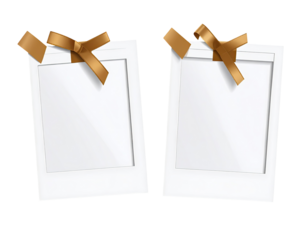 Two blank white photo frames, side-by-side, with light brown ribbons and bows
