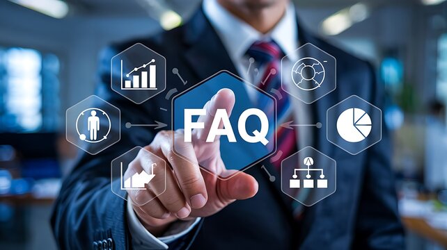 Businessman s hand touching a digital screen displaying the faq acronym surrounded by various business and data icons representing services and information
