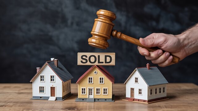 Auctioneer s gavel strikes down on miniature houses with a sold sign symbolizing real estate transaction success