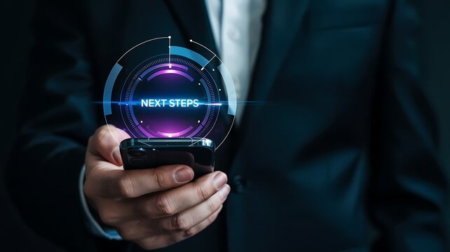 Businessman holding a smartphone displaying a futuristic glowing holographic security interface with digital data and network connections