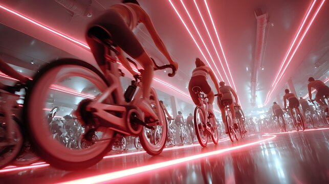 Indoor cycling class group fitness workout intense cardio exercise spinning bikes with red neon lights gym