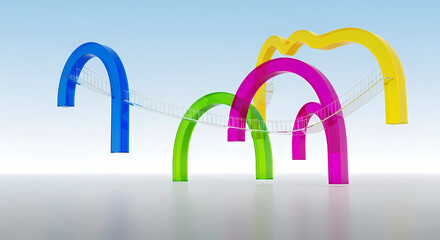 Colorful 3D Arches Connected by Rope Bridges Abstract Conceptual Design
